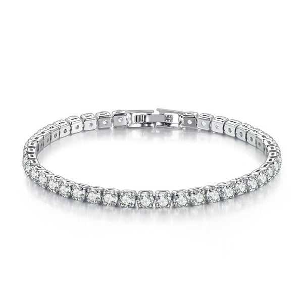 Luxury titanium steel tennis bracelet with brilliant zirconia stones in square settings and a secure box clasp, isolated on a white background.