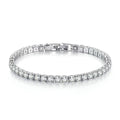 Luxury titanium steel tennis bracelet with brilliant zirconia stones in square settings and a secure box clasp, isolated on a white background.