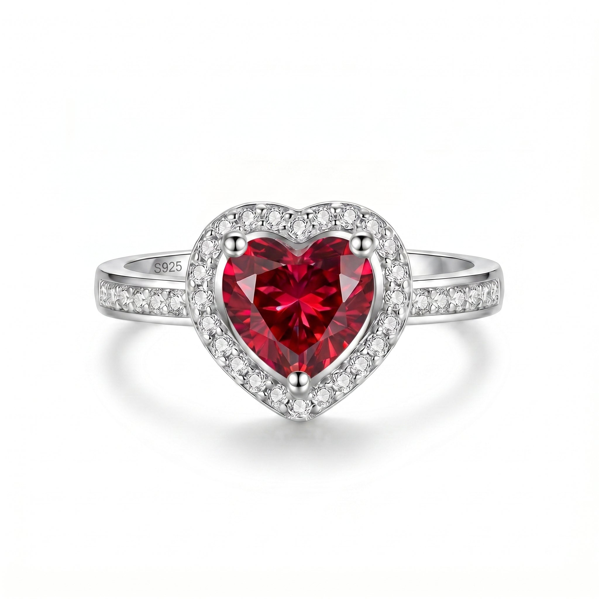 Exquisite S925 Sterling Silver adjustable heart halo ring featuring a brilliant heart-cut simulated ruby gemstone surrounded by pavé set simulated diamonds.