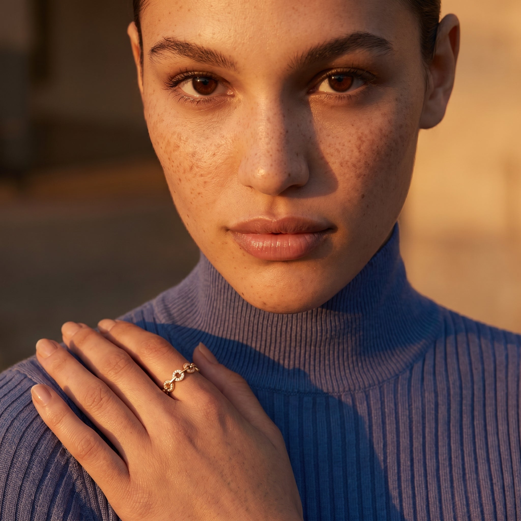 A model with natural beauty, adorned with the sparkling gold-plated Pavé Link Ring, captured in warm, golden hour light, wearing a chic blue turtleneck.