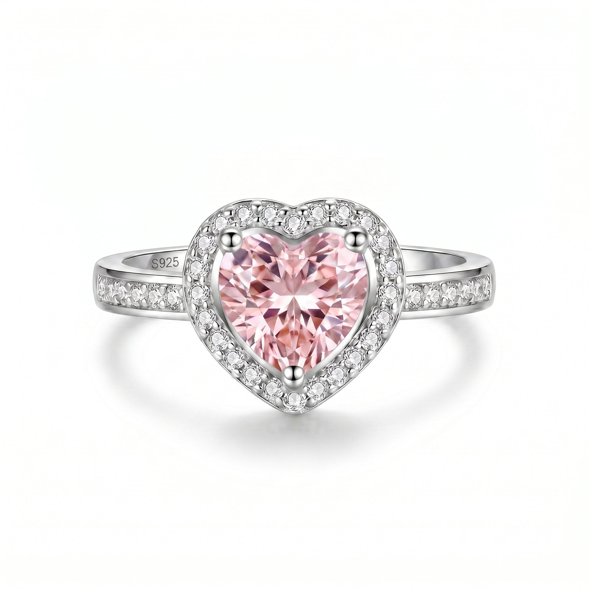 Elegant S925 Sterling Silver adjustable heart halo ring showcasing a delicate heart-cut simulated pink sapphire gemstone encircled by sparkling pavé simulated diamonds.