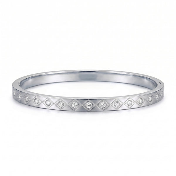 Silver-plated titanium steel bangle bracelet with clear zircons, perfect for waterproof affordable jewelry.
