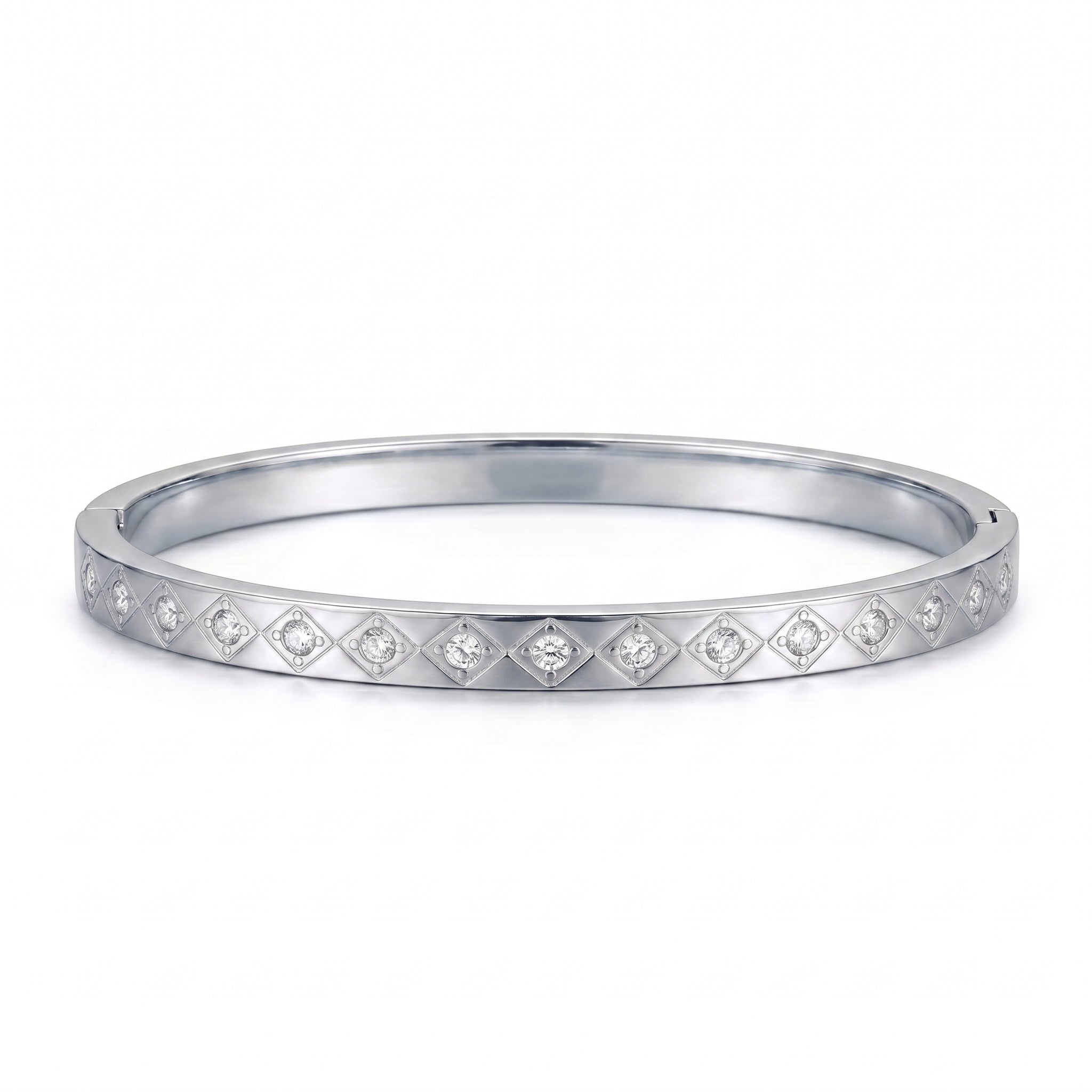 Silver-plated titanium steel bangle bracelet with clear zircons, perfect for waterproof affordable jewelry.