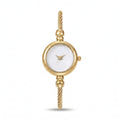 An elegant gold-tone women's bangle watch with a twisted bracelet band and a clean white dial, isolated on a white background.