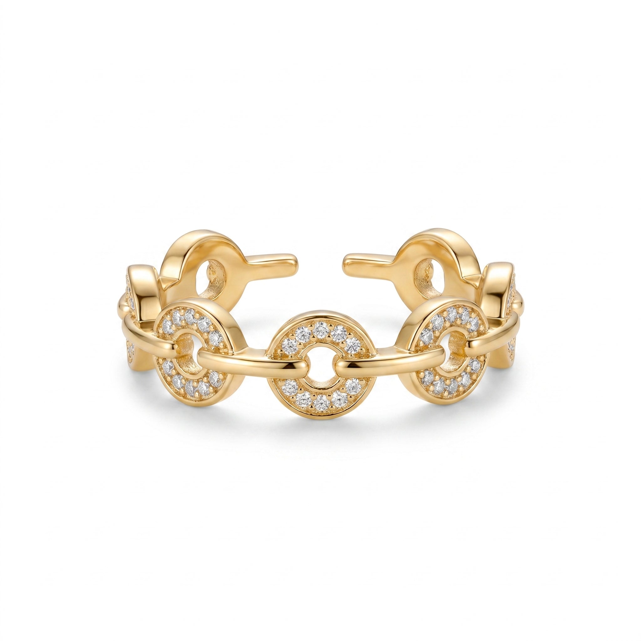 Detailed close-up of the gold-plated Pavé Link Ring featuring brilliant pavé zirconia on circular links and an adjustable open band, set against a pristine white background.
