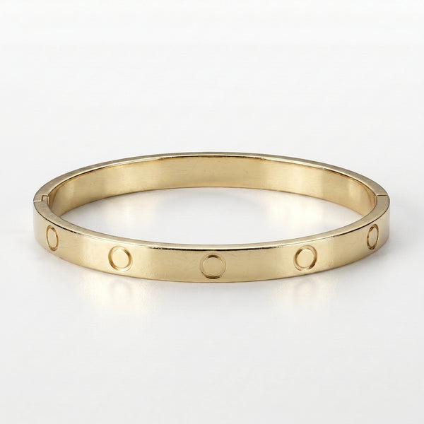 Close-up of a gleaming gold-toned titanium steel bangle with iconic screw motifs and a visible hinge clasp, presented on a pristine white background.