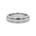 Close-up studio shot of a luxurious white gold motion band, adorned with a rotating row of sparkling princess-cut diamonds.