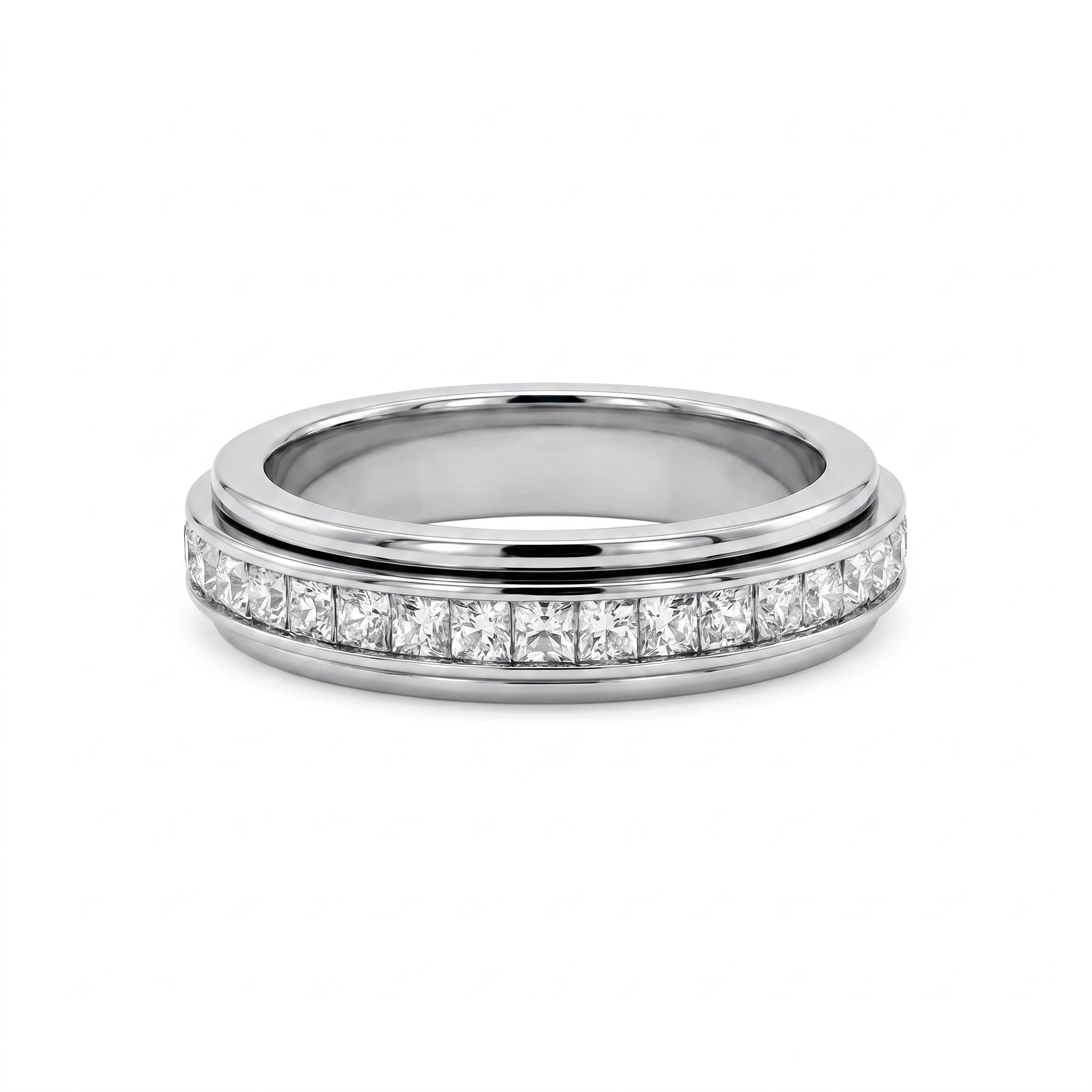 Close-up studio shot of a luxurious white gold motion band, adorned with a rotating row of sparkling princess-cut diamonds.
