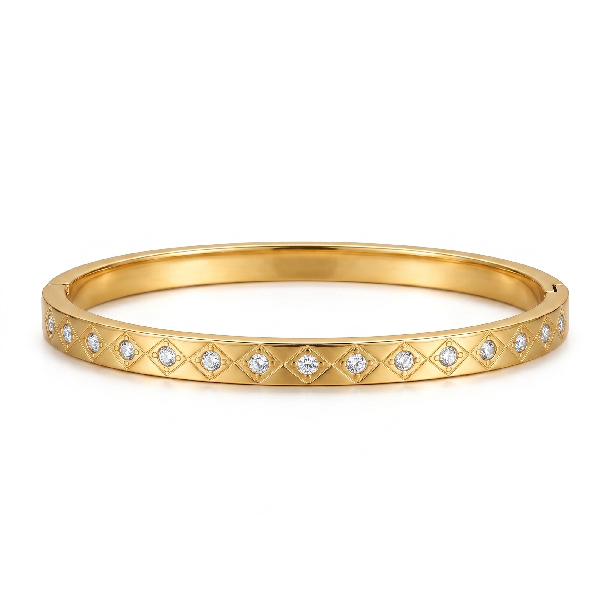 Gold-plated titanium steel bangle bracelet with clear zircons, elegant waterproof plated jewelry.