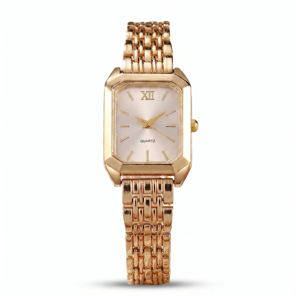 Radian Square Quartz Watch in polished gold-tone finish with white dial and metal link bracelet