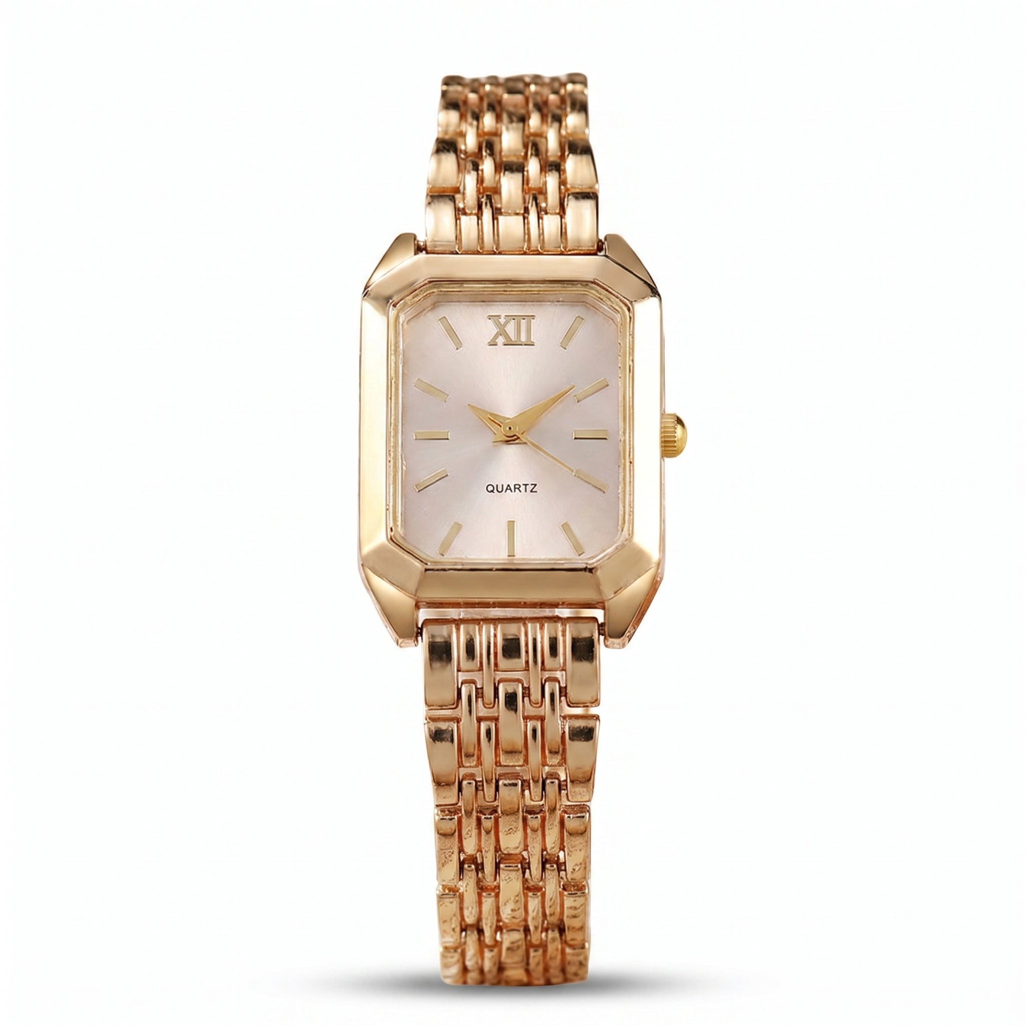 Radian Square Quartz Watch in polished gold-tone finish with white dial and metal link bracelet