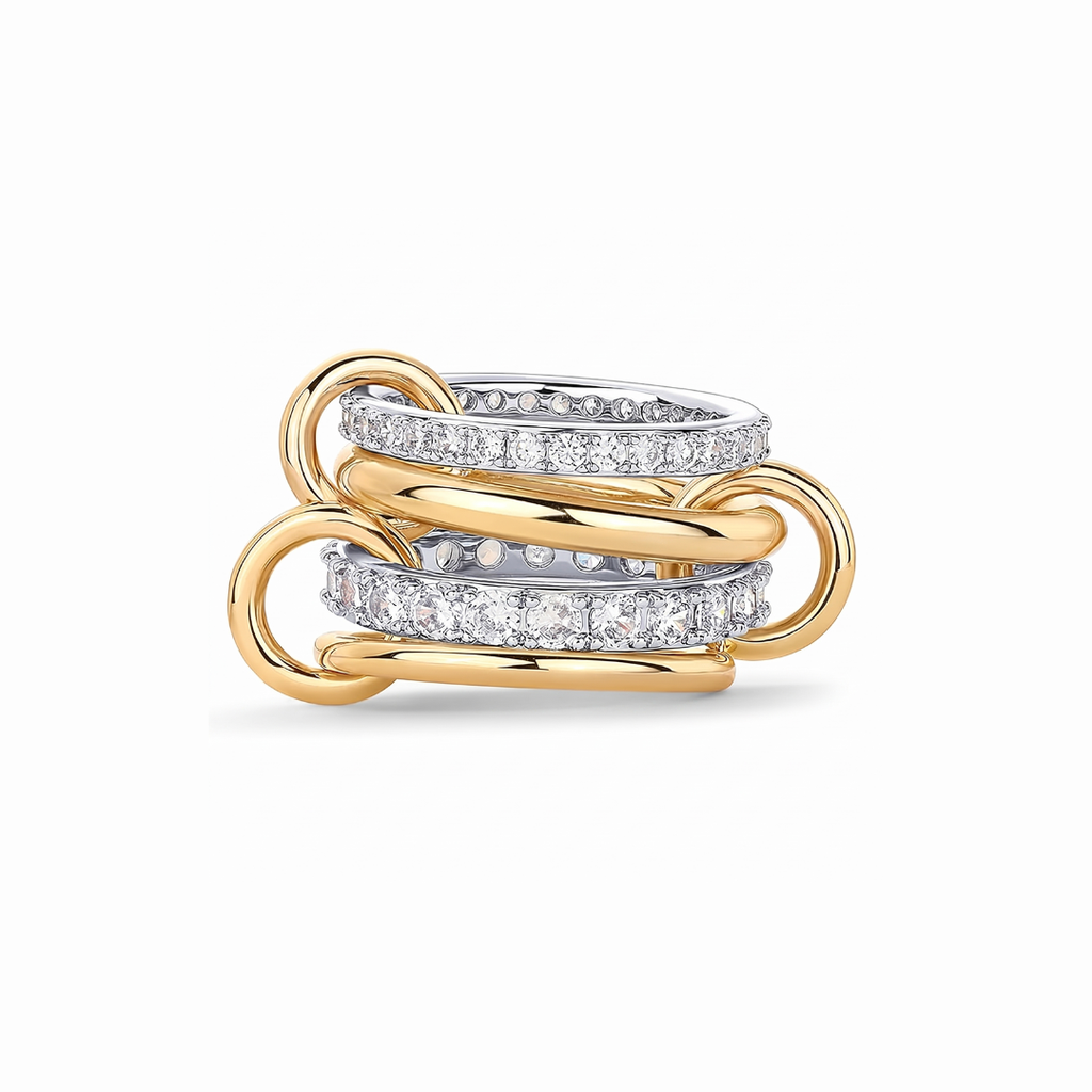 Close-up of luxury Linked Pavé Diamond Ring in 18k yellow and white gold on a white background, showcasing intricate interlocking bands and brilliant pavé diamonds.