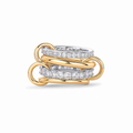 Close-up of luxury Linked Pavé Diamond Ring in 18k yellow and white gold on a white background, showcasing intricate interlocking bands and brilliant pavé diamonds.