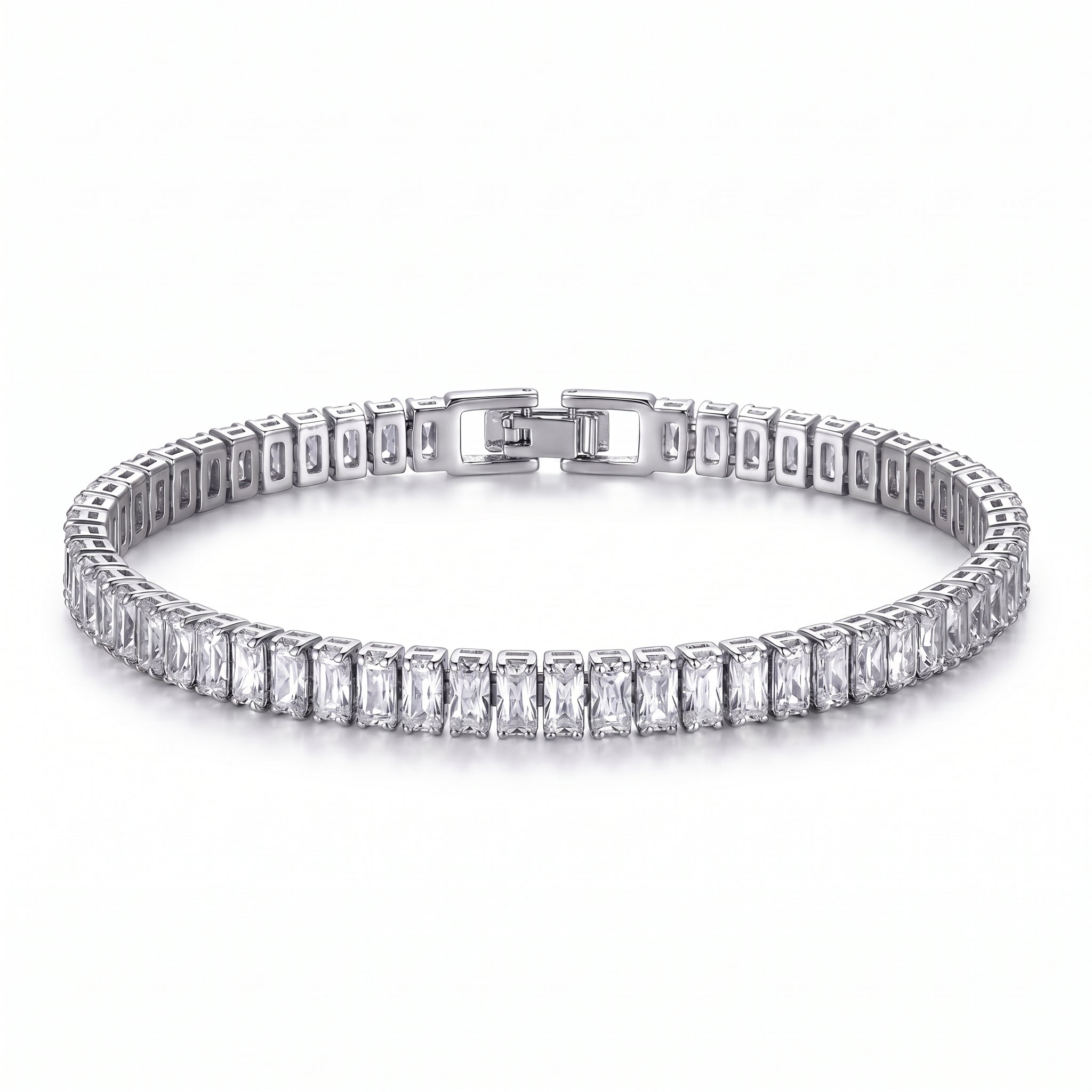 Close-up of a platinum-plated tennis bracelet with brilliant baguette-cut zircon stones and a secure box clasp, against a white background.