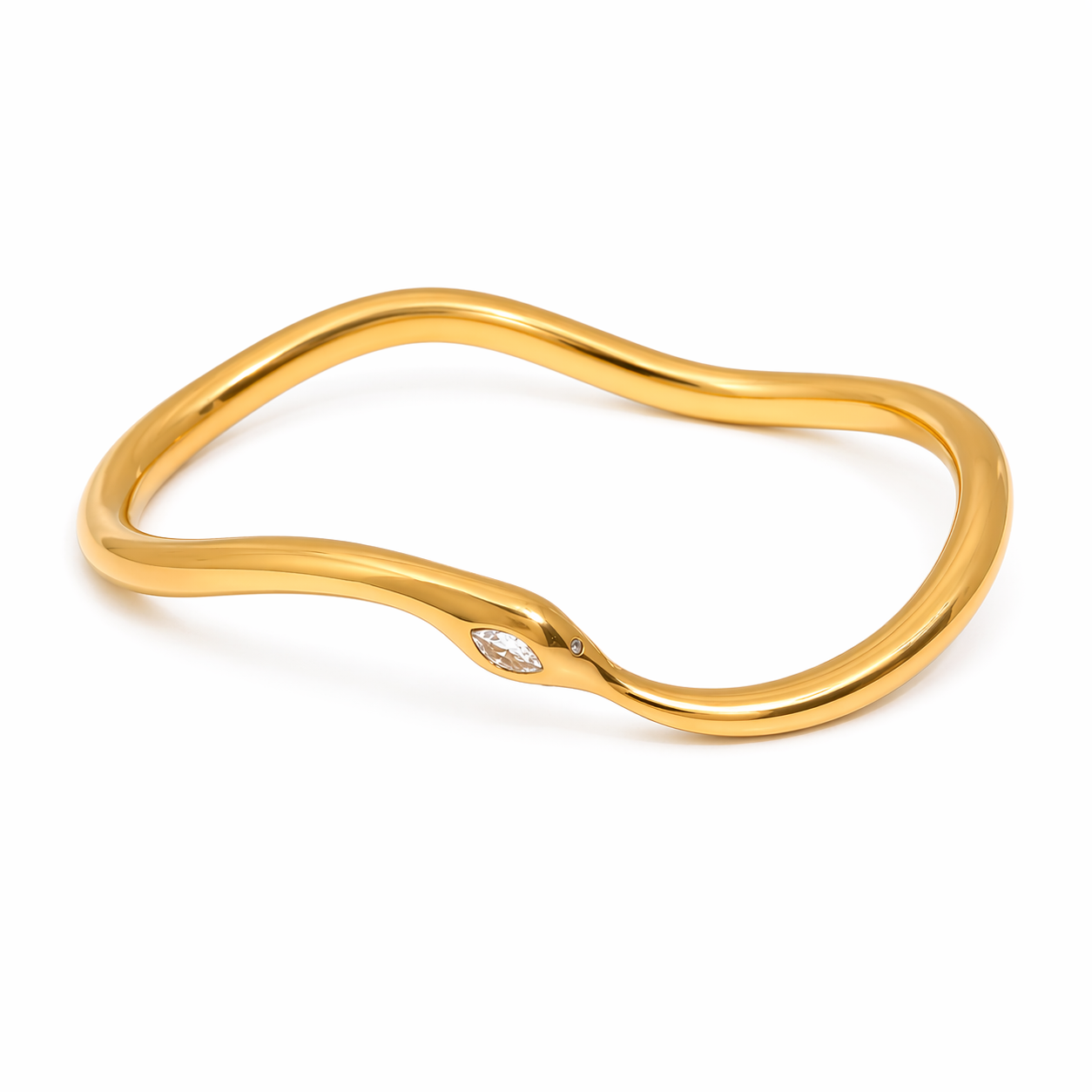 Model wearing stack of gold-plated stainless steel snake bangles, including infinity design with zircon eye, on wrist, fashionable affordable jewelry.