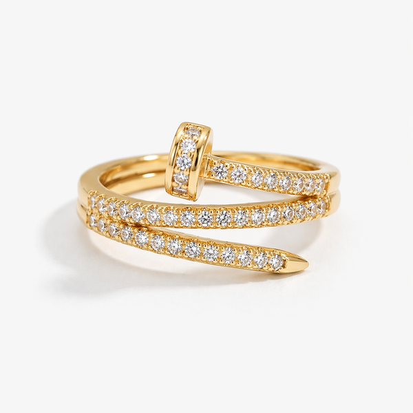 Gold-plated copper zircon ring, affordable luxury jewelry with a unique nail-inspired design.